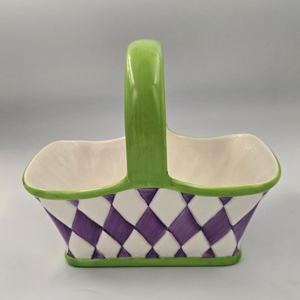 Teleflora Purple White Diamond Checkered Ceramic Basket Planter Green Handle
